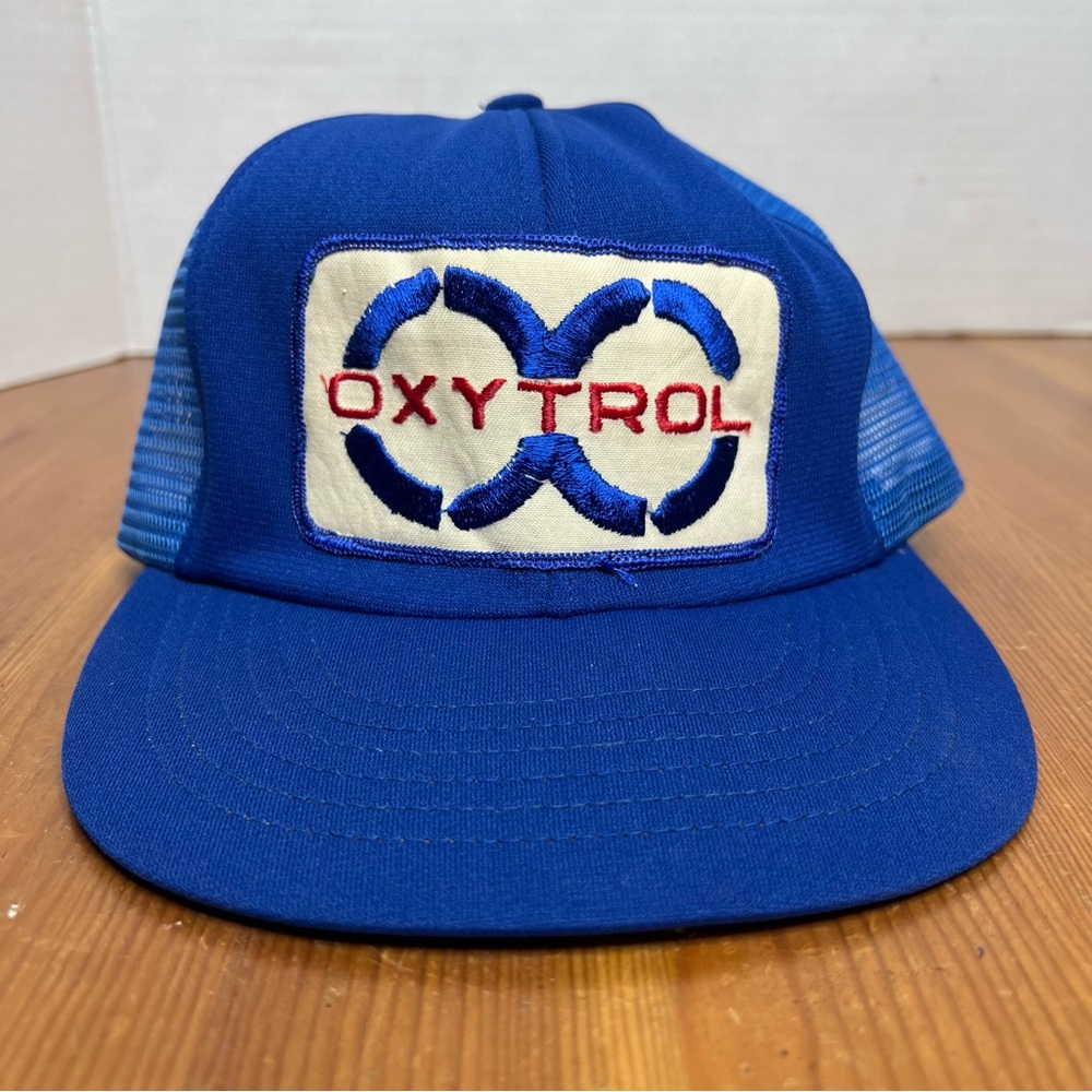 Vintage 70s Oxytrol Corp Mesh SnapBack Trucker Hat Patch Blue White Agriculture